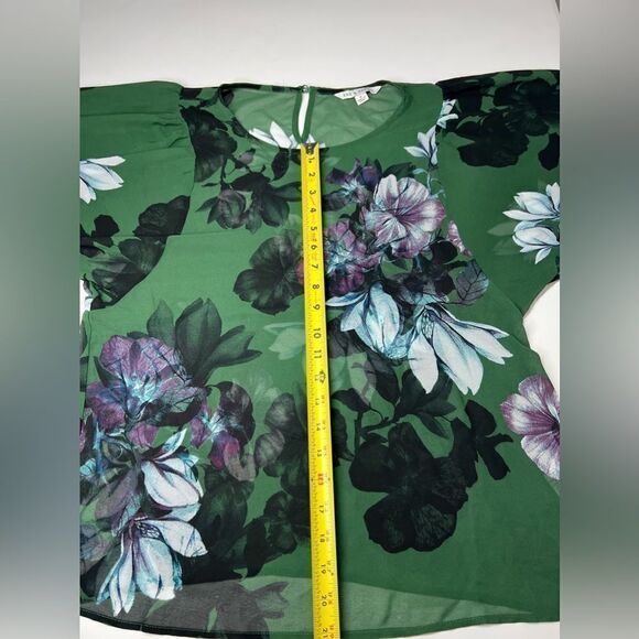 Zac and Rachel Bohemian Green Purple Blue Floral Sheer Top Size S Cuffed sleeve - Picture 12 of 14